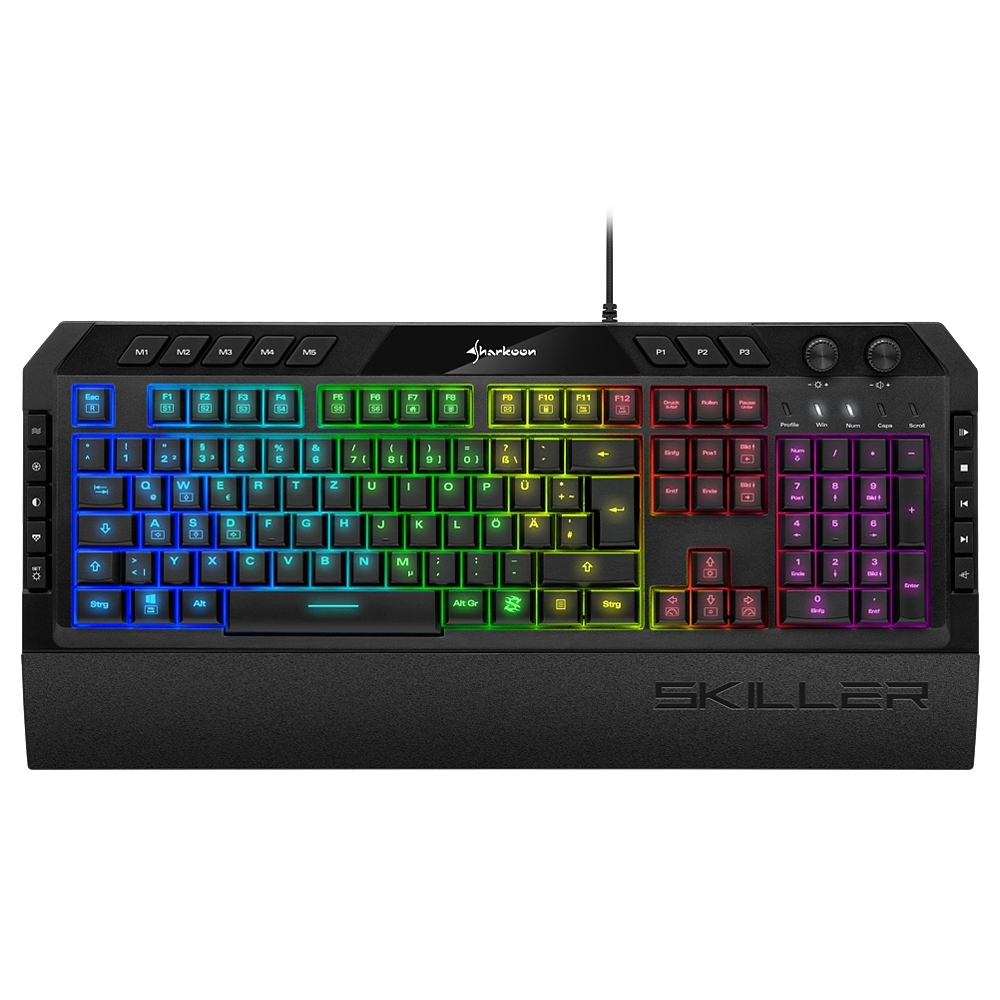 Schwarze Sharkoon Gaming-Tastatur mit bunter RGB-Hintergrundbeleuchtung und integrierter Handballenauflage.
