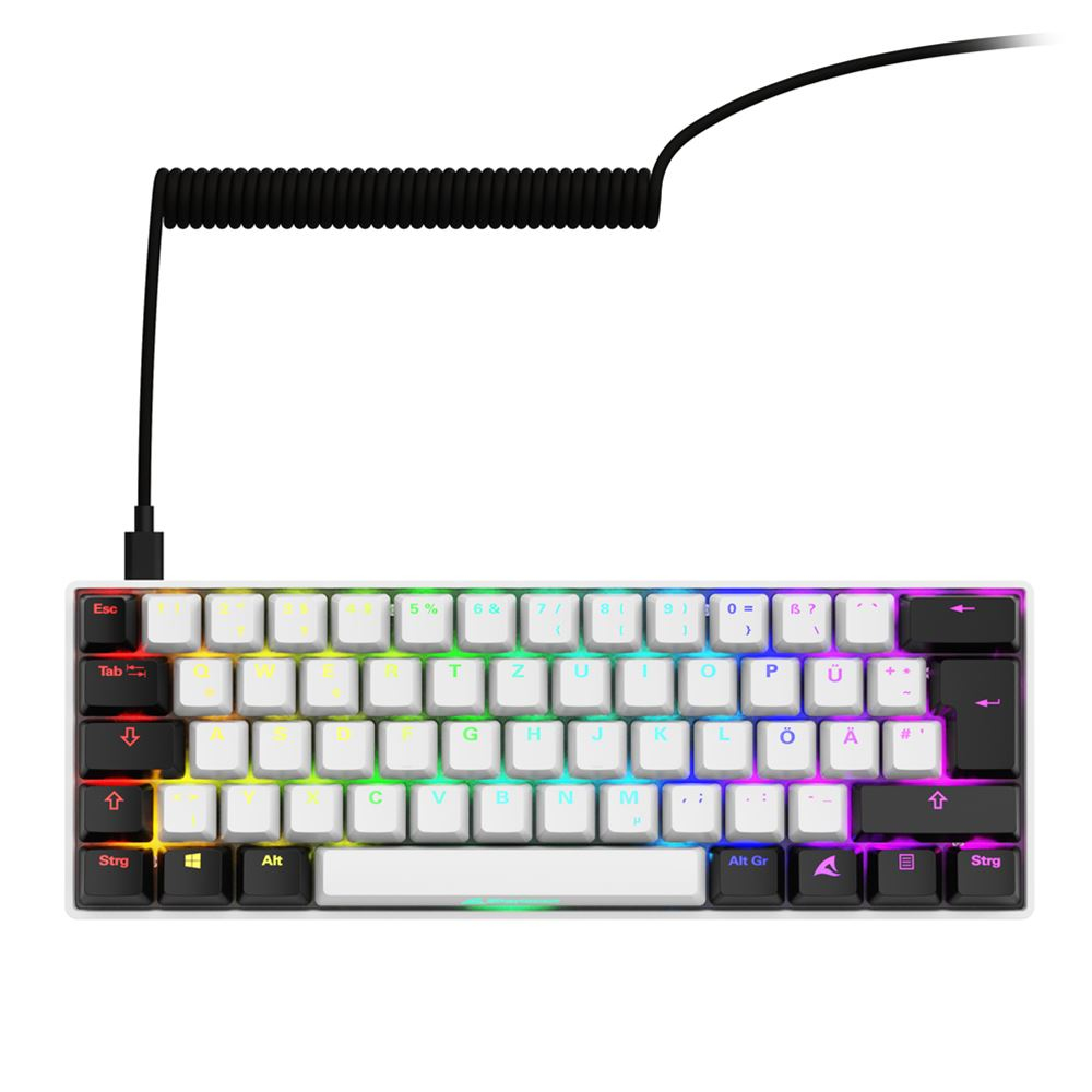 Kompakte, schwarz-weiße mechanische Tastatur mit Regenbogen-Hintergrundbeleuchtung und einem Spiralkabel.