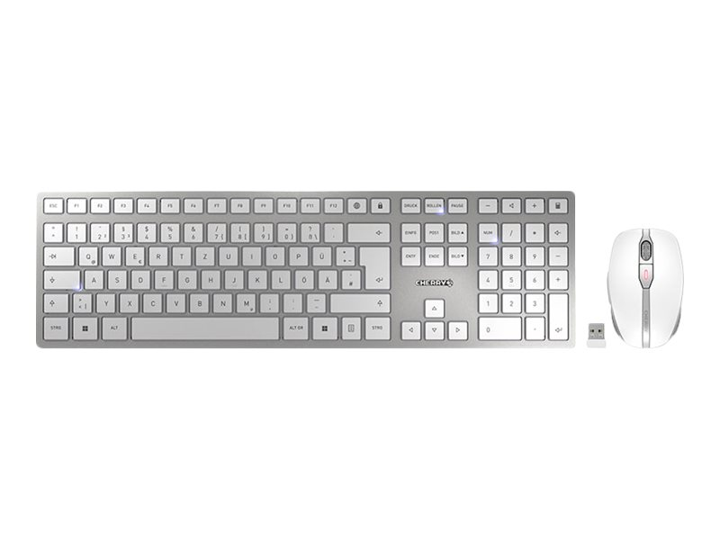 Un teclado inalámbrico blanco, un ratón de computadora blanco a juego y un pequeño receptor USB sobre fondo blanco.