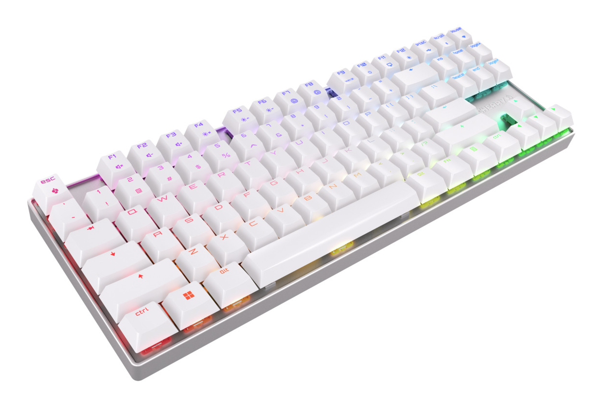 Eine weiße mechanische Tastatur mit bunter RGB-Hintergrundbeleuchtung auf weißem Hintergrund.