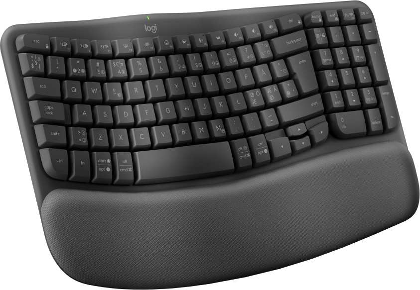 Una tastiera ergonomica grigia Logitech con un ampio poggiapolsi imbottito.