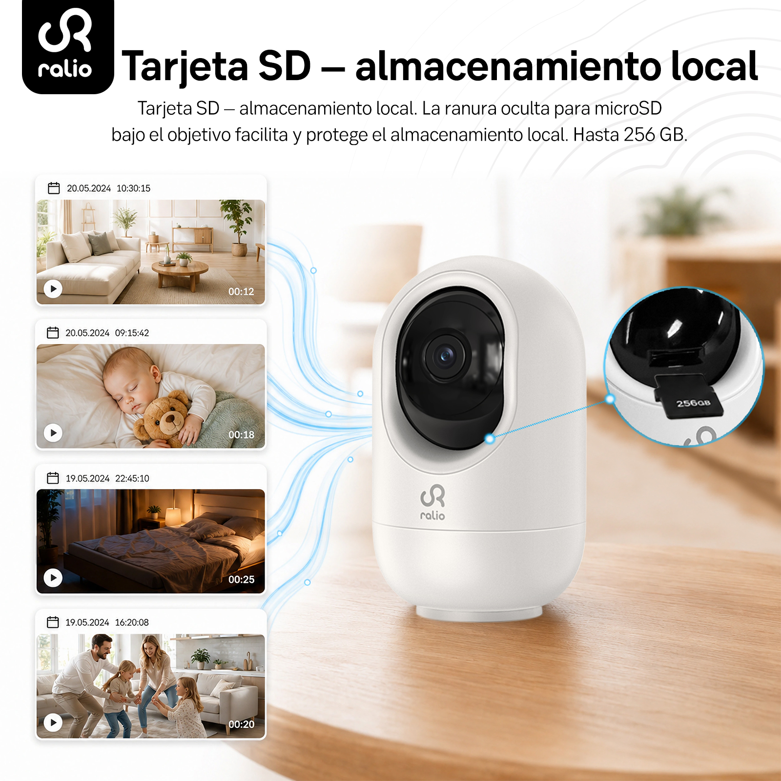 Cámara de seguridad blanca con almacenamiento SD local y videos de muestra en una mesa.