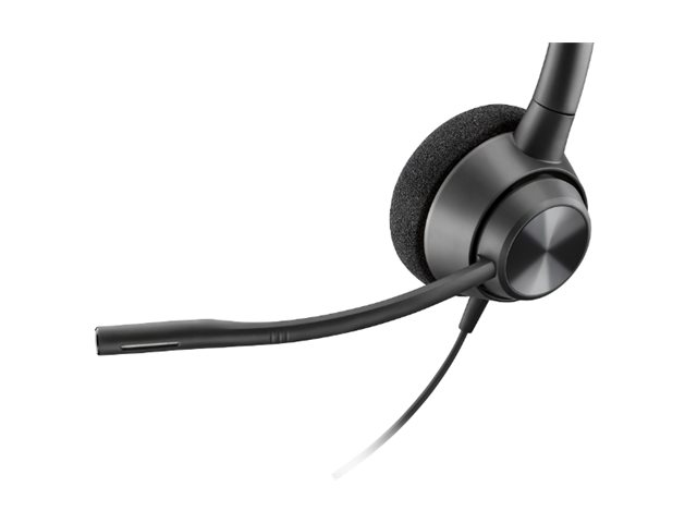 Schwarzes Headset mit gepolstertem Ohrhörer und biegsamem Mikrofonarm.