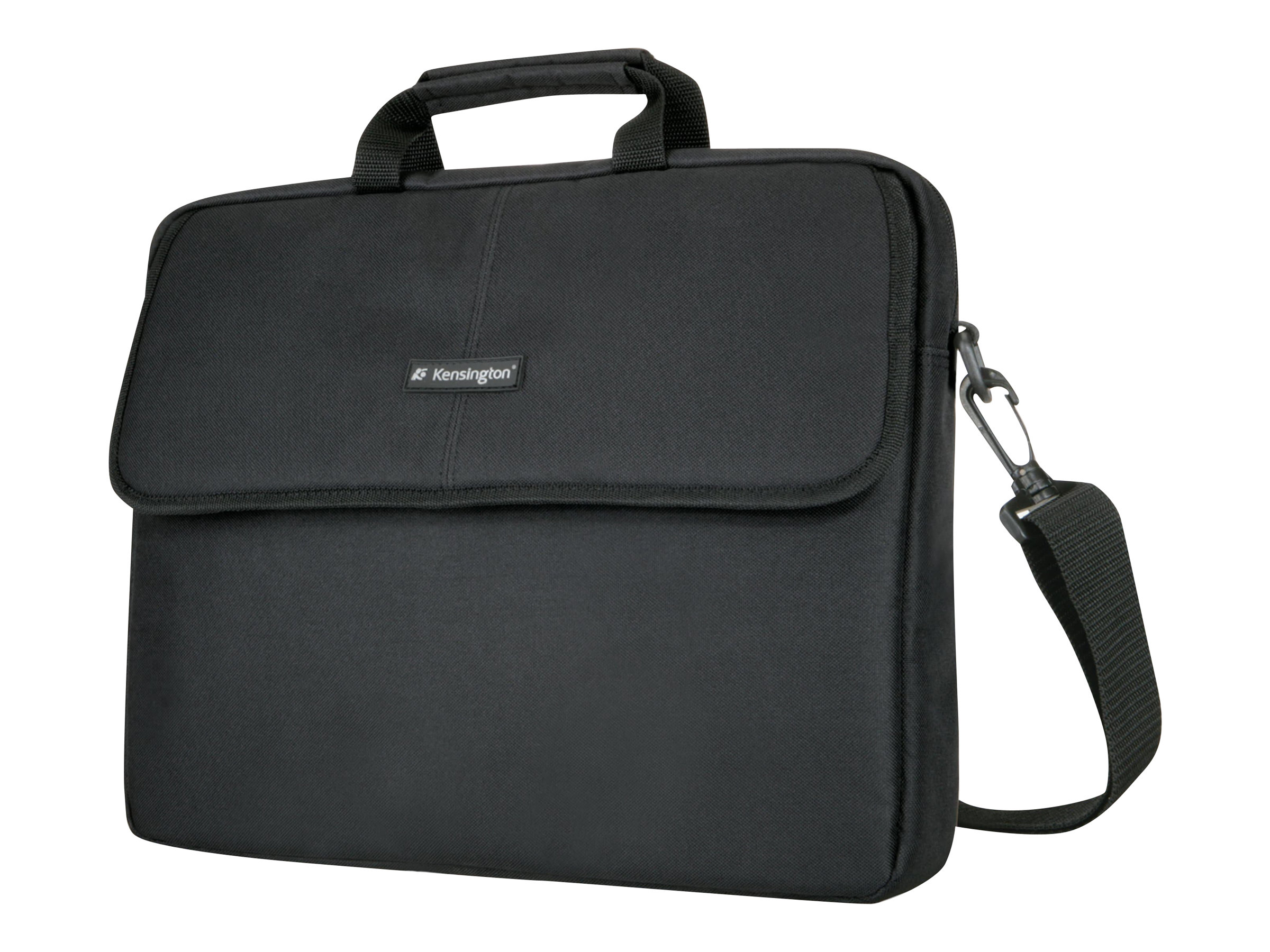 Eine schwarze Kensington Laptoptasche mit Tragegriffen und Schultergurt vor weißem Hintergrund.