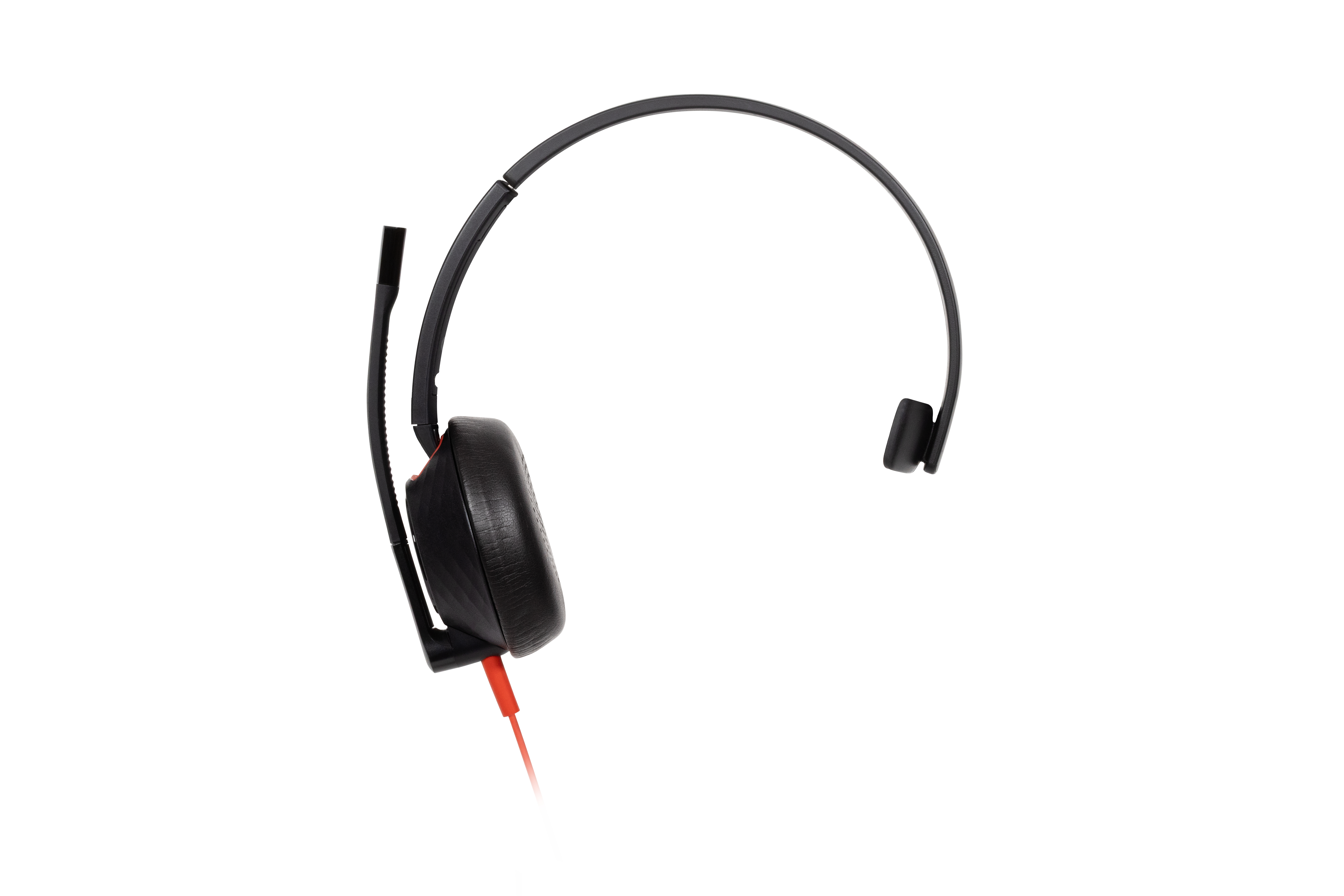 Schwarzes On-Ear-Headset mit Mikrofonarm und rotem Kabel auf weißem Grund.