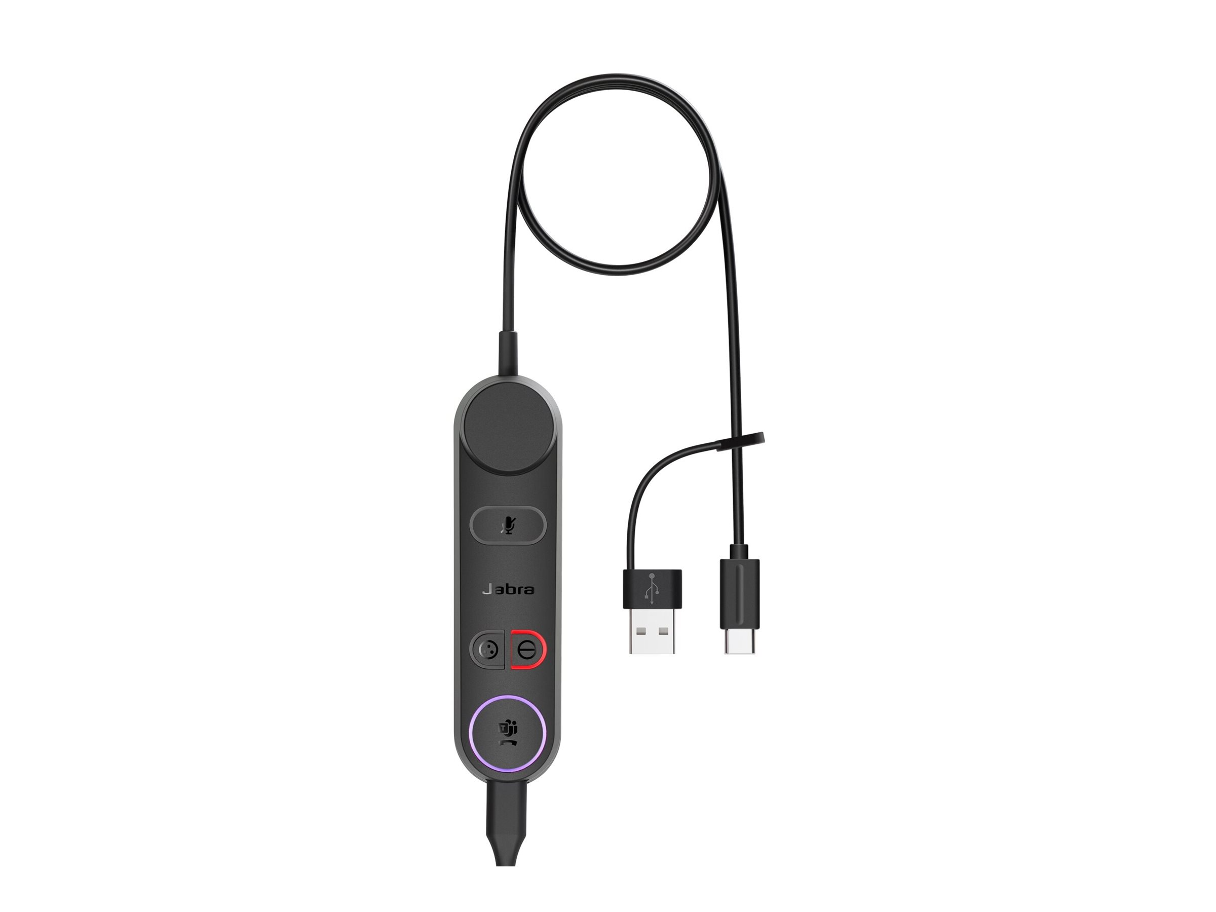 Unità di controllo Jabra nera con pulsanti e cavo ad anello che termina con connettori USB-A e USB-C.