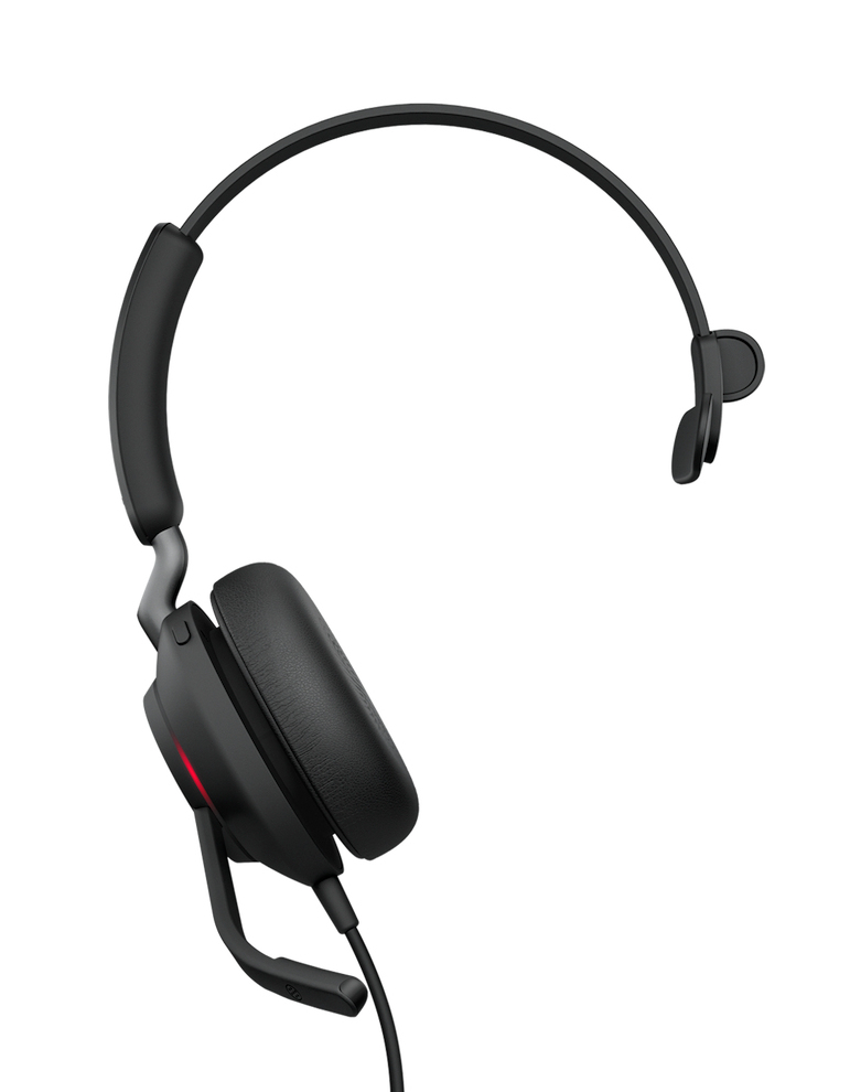 Un auricular negro de un solo lado con almohadilla acolchada, diadema, micrófono de asta y conexión por cable.