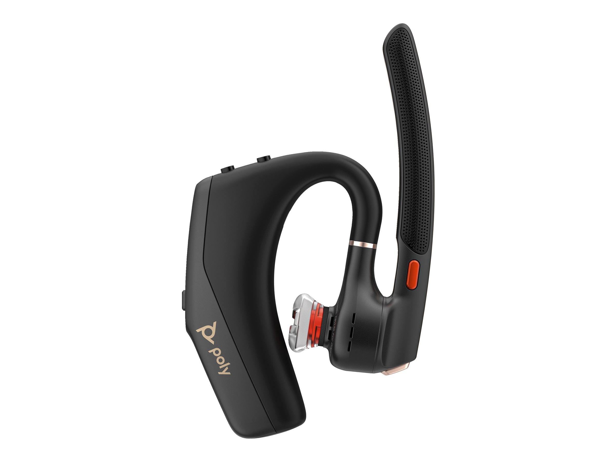 Auricular Bluetooth Poly negro con gancho para la oreja y brazo de micrófono largo sobre fondo blanco.