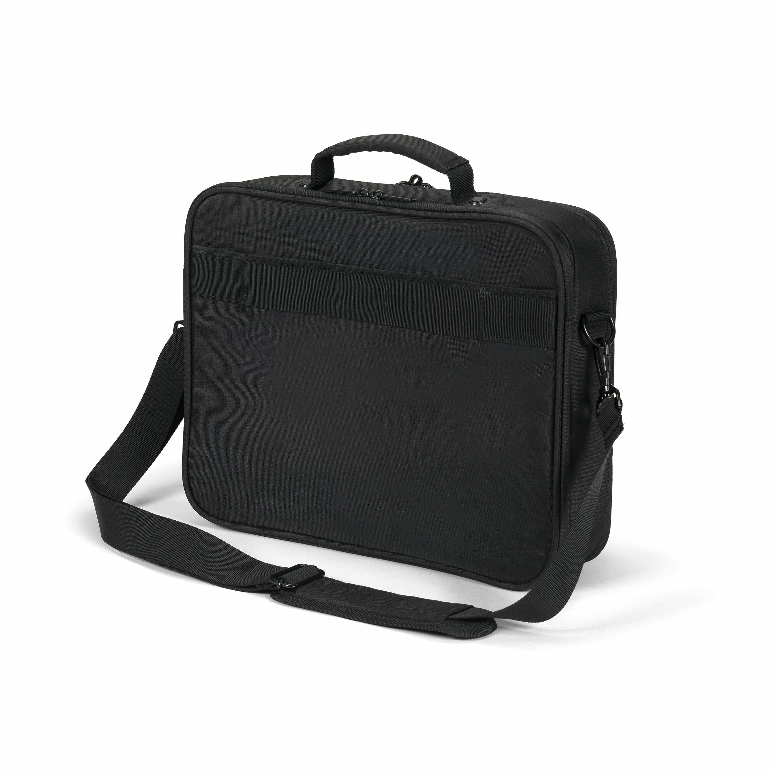 A black laptop bag with a top handle and an adjustable shoulder strap on a white background.