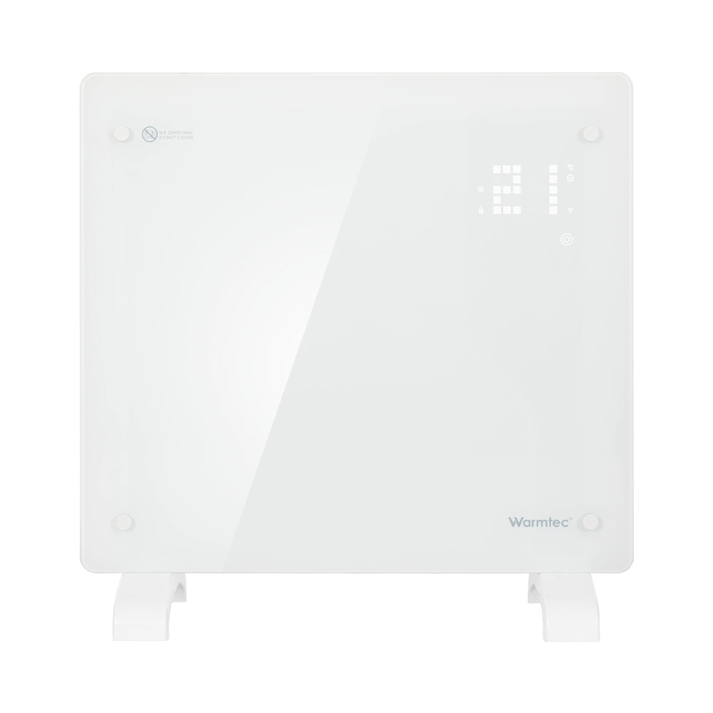 Biały grzejnik szklany Warmtec na nóżkach z cyfrowym wyświetlaczem LED.
