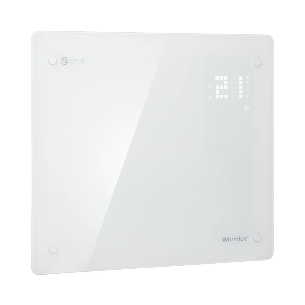 Biały, błyszczący grzejnik ścienny z cyfrowym wyświetlaczem i logo Warmtec na białym tle.