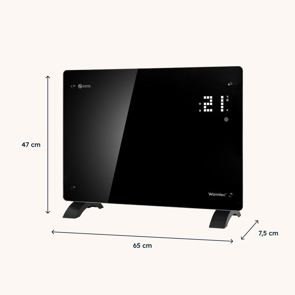 Czarny grzejnik szklany z cyfrowym wyświetlaczem, wymiary 47 cm wysokości, 65 cm szerokości i 7,5 cm głębokości.