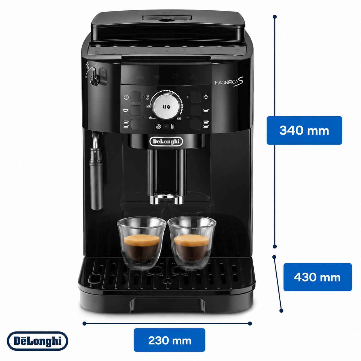 Macchina da caffè nera DeLonghi Magnifica S con dimensioni e due tazzine di espresso.