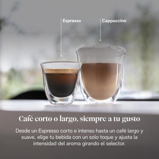 Due bicchieri trasparenti di caffè, etichettati come Espresso e Cappuccino, su una superficie bianca con testo in spagnolo.