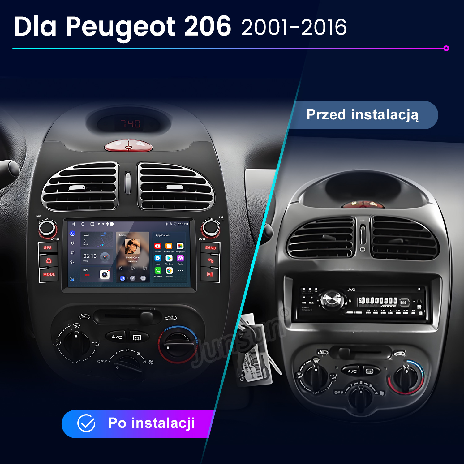 Deska rozdzielcza Peugeot 206 przed i po montażu nowoczesnego radia dotykowego.