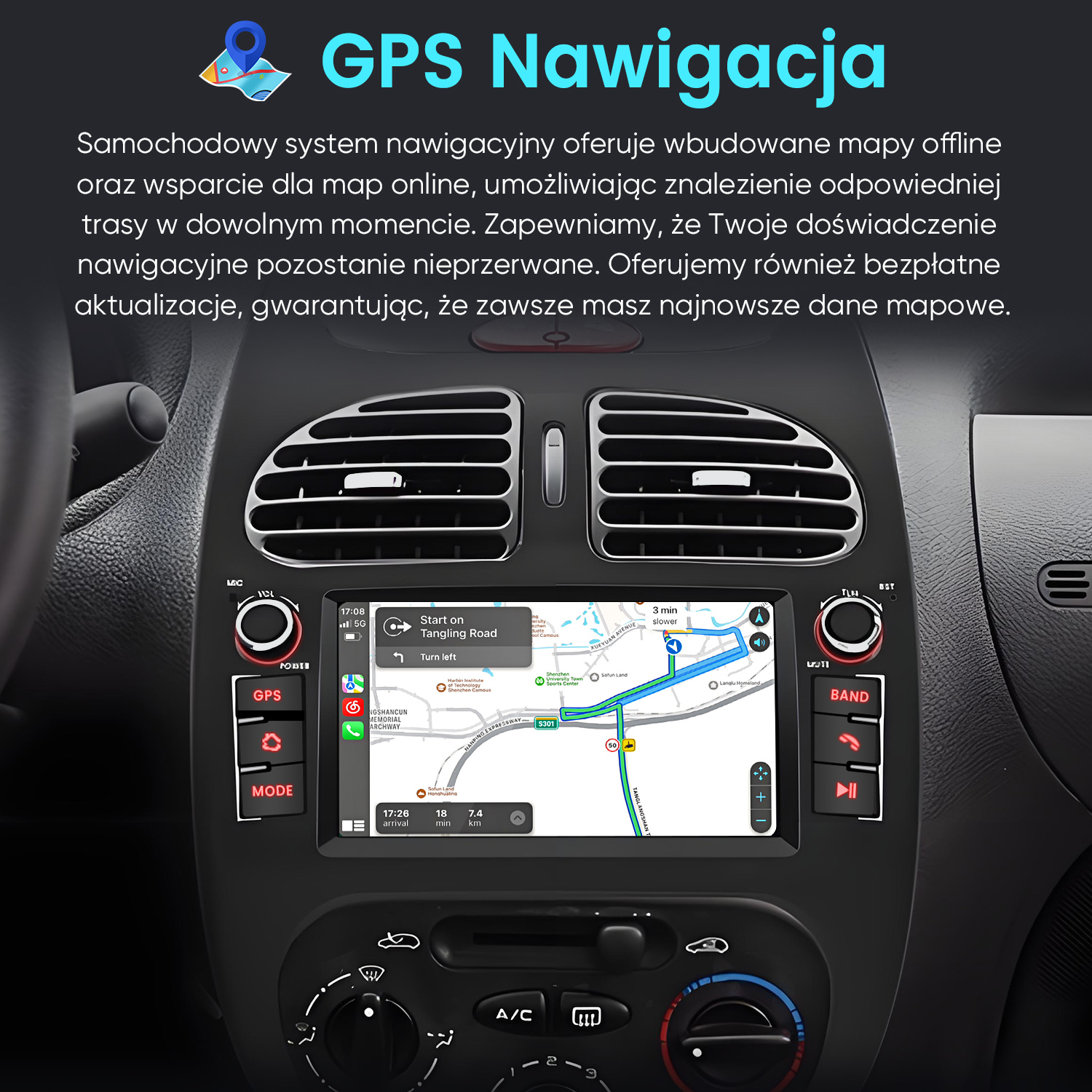 Wnętrze samochodu z systemem nawigacji GPS, ekranem pokazującym mapę i tekstem w języku polskim.