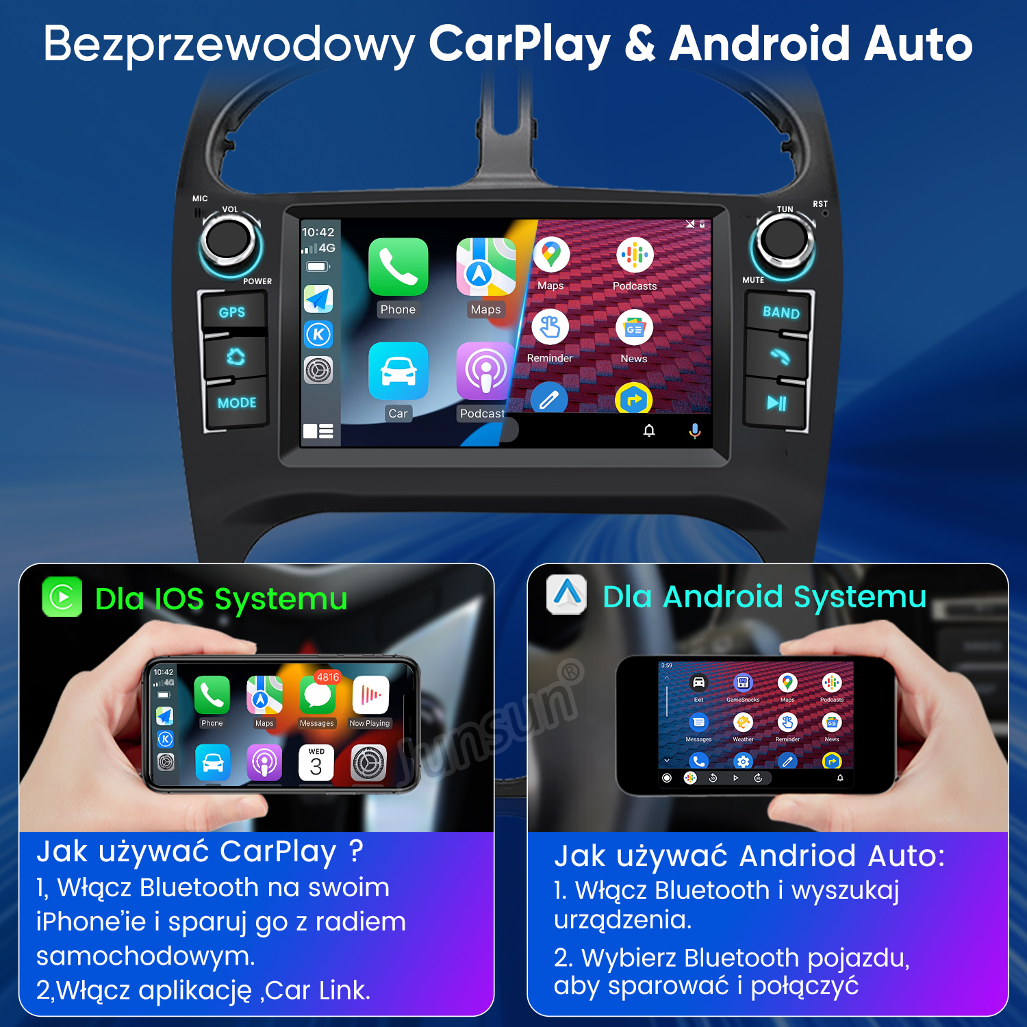 Ekran samochodowy z CarPlay i Android Auto, telefony pokazujące interfejsy iOS i Android.