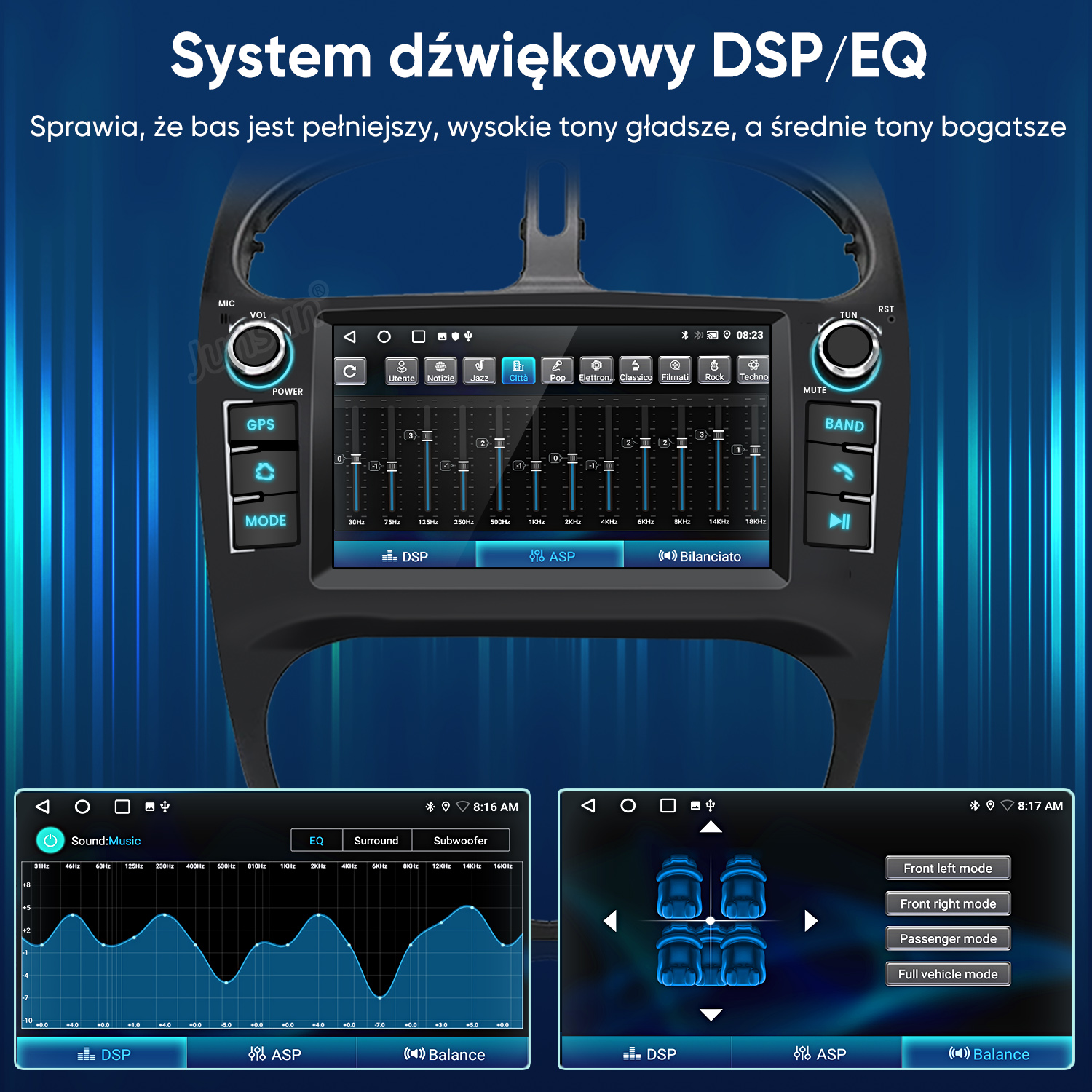 Samochodowy system audio DSP/EQ pokazujący ustawienia korektora dźwięku.