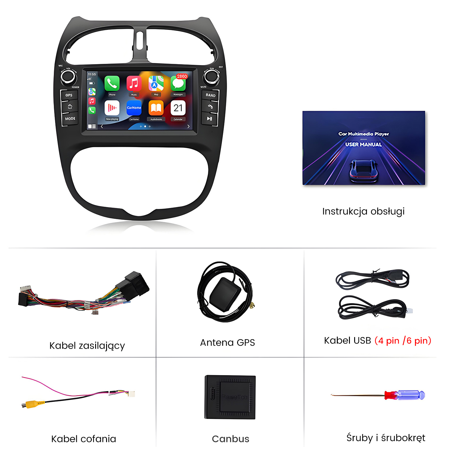 Ramka radia samochodowego, instrukcja, kabel zasilający, antena GPS, kable USB, kabel kamery cofania, Canbus i śrubokręt.