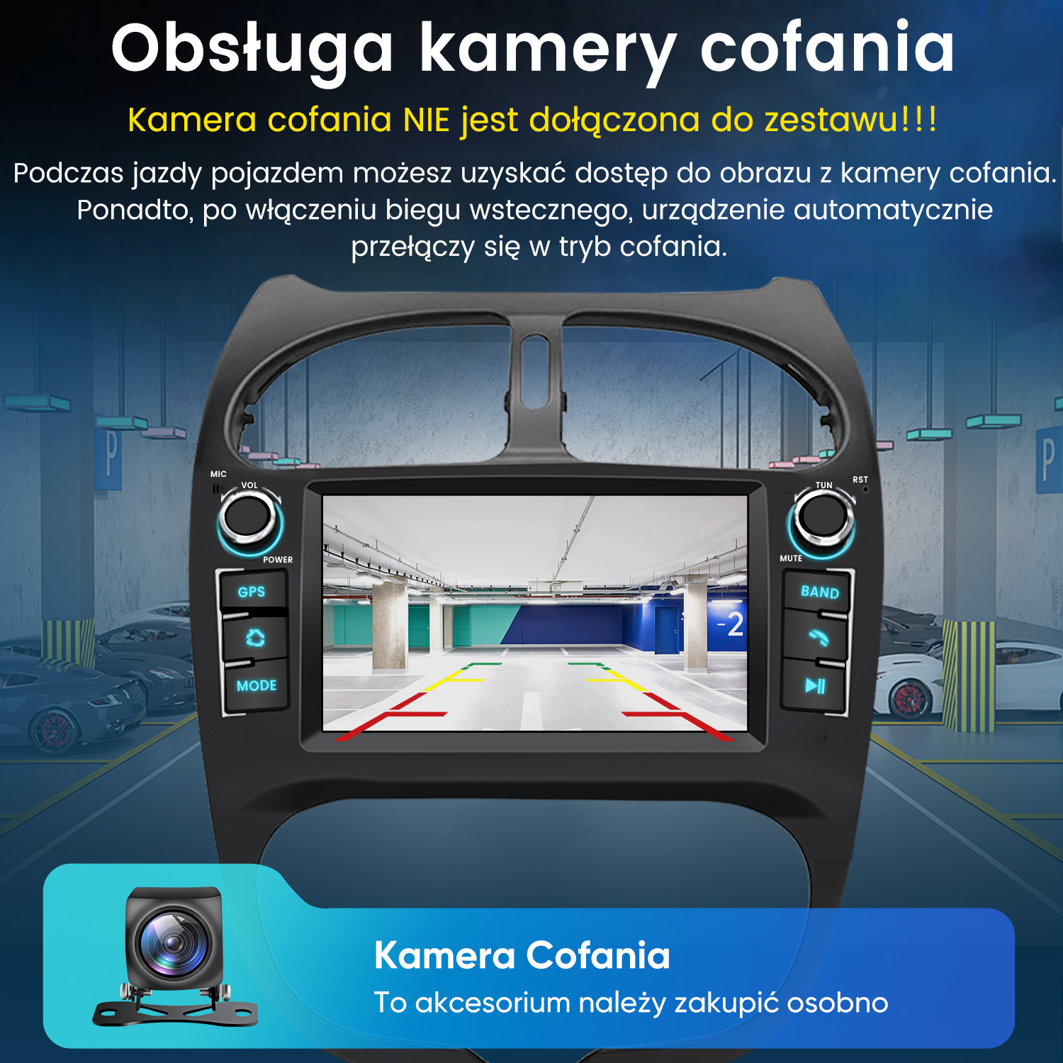 Radio samochodowe wyświetlające obraz z kamery cofania z przyciskami na czarnej ramce.