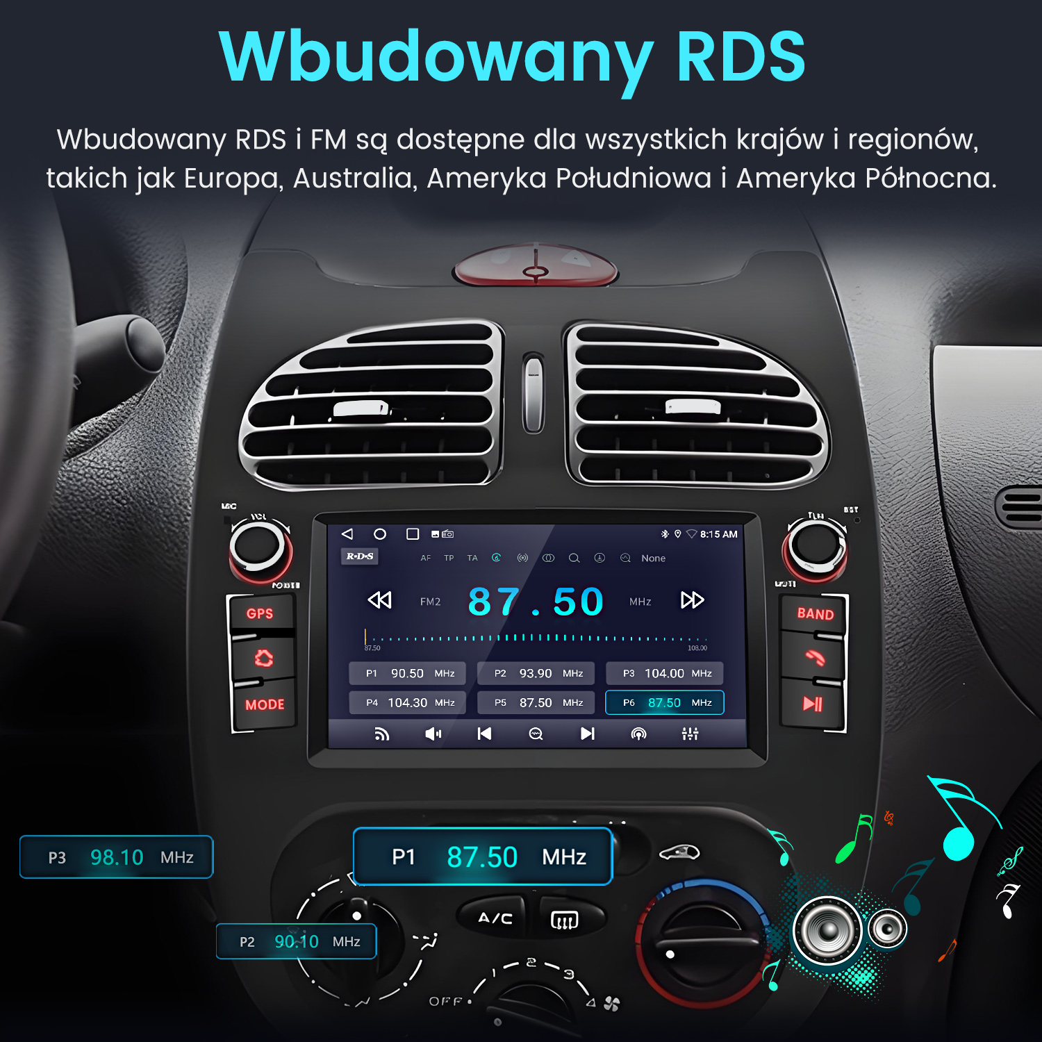 Radio samochodowe z ekranem dotykowym i RDS w desce rozdzielczej, z grafiką nut.