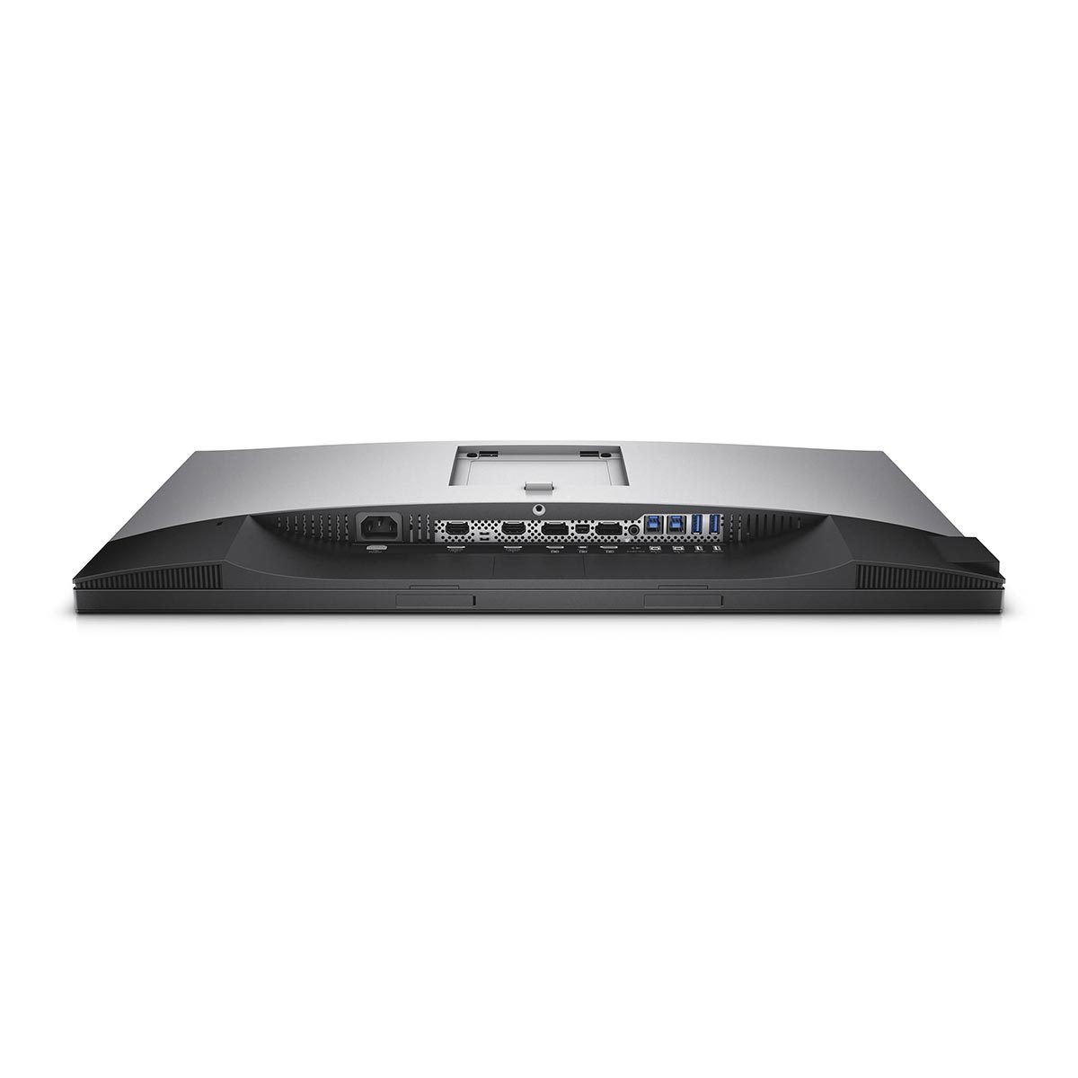 Widok z tyłu srebrno-czarnego monitora z licznymi portami połączeniowymi, gniazdami HDMI i gniazdem zasilania na białym tle.