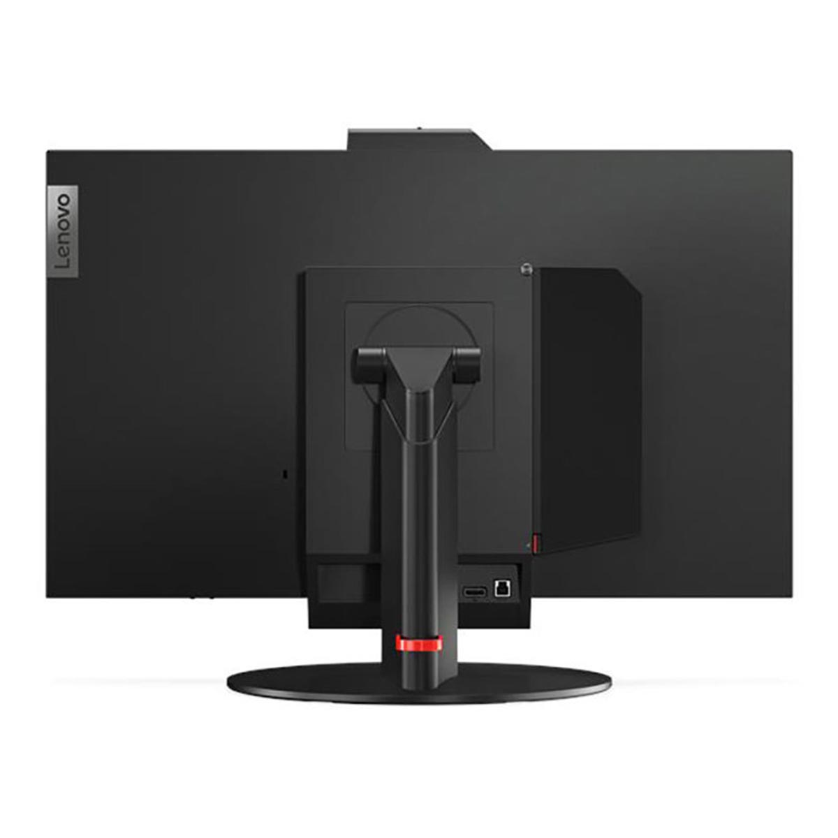 Widok z tyłu czarnego monitora Lenovo na regulowanej podstawie z okrągłą podstawą na białym tle.