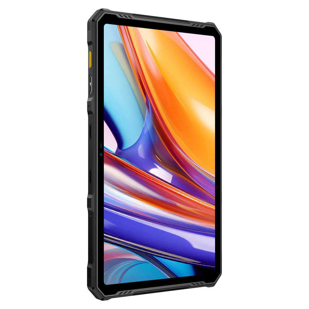 Un tablet nero robusto con grafica dello schermo arancione e blu e cornice protettiva su sfondo bianco.