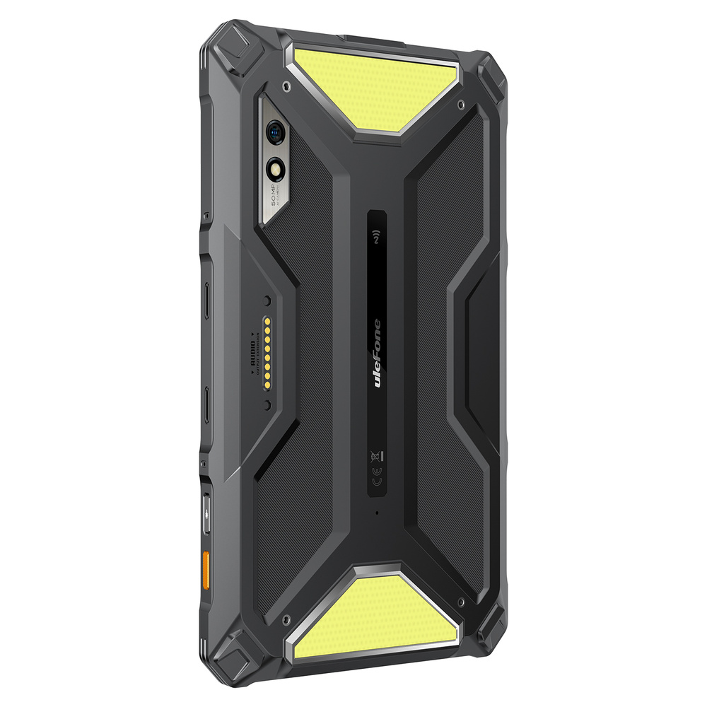 Retro di un tablet Ulefone nero robusto con inserti gialli, doppia fotocamera e contatti.