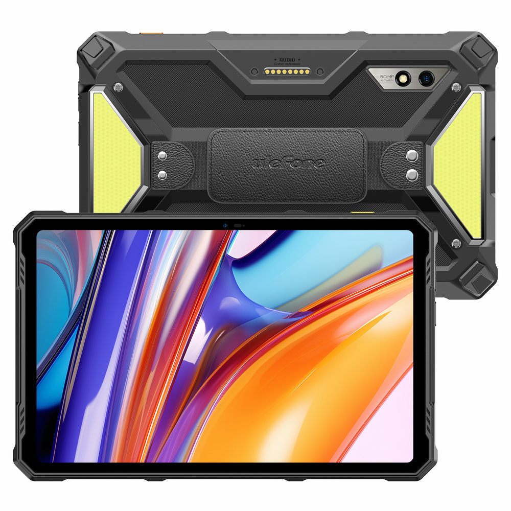 Tablet nero robusto con schermo colorato e dettagli gialli sul retro.