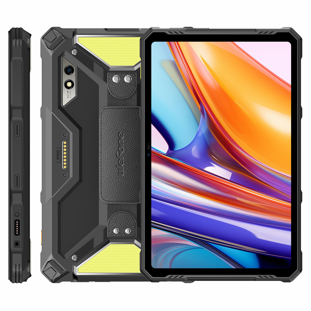 Tablet nero rugged con schermo colorato, mostrato da davanti, dietro e di lato su sfondo bianco.