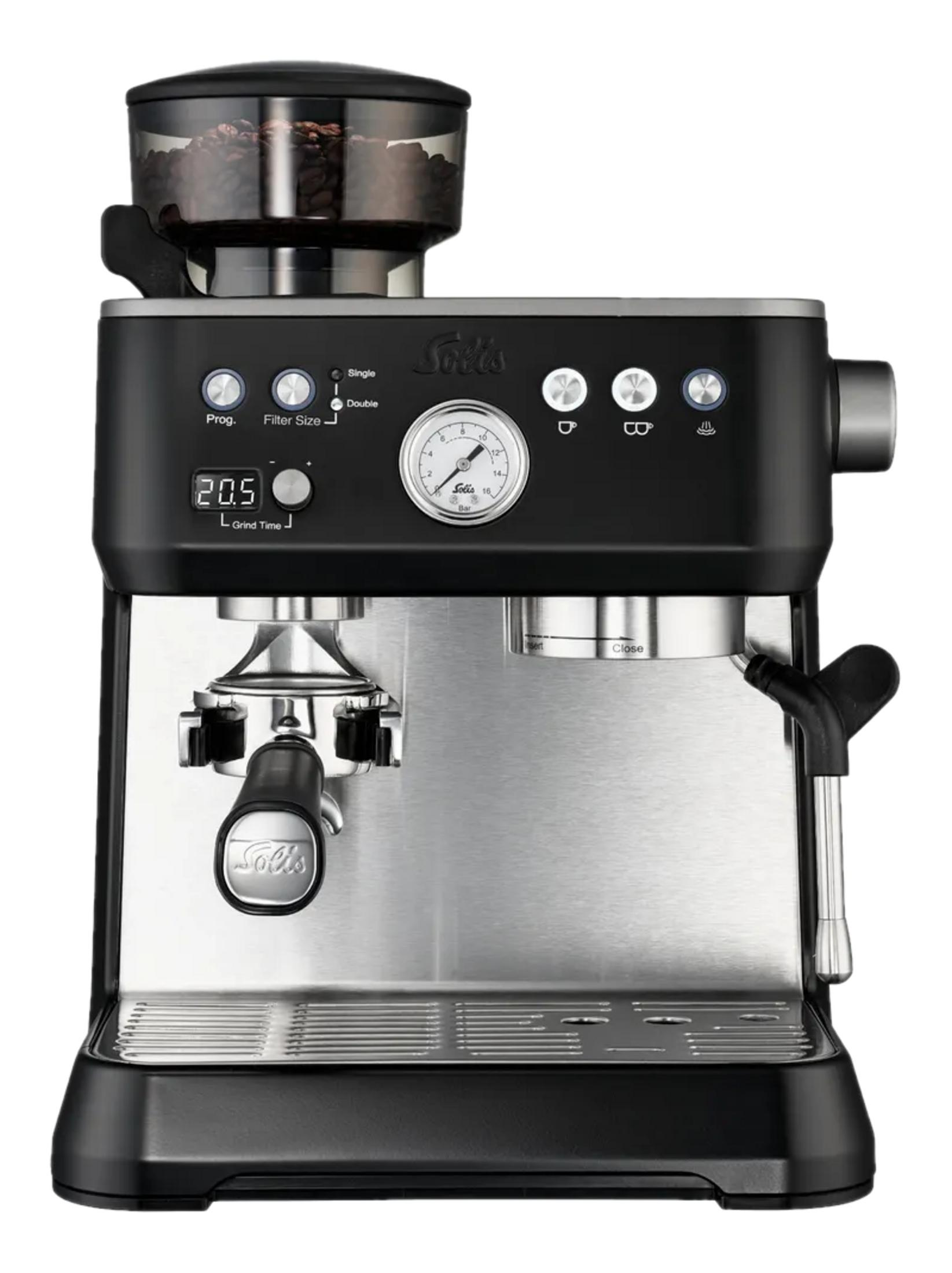 Macchina da caffè espresso Solis nera con macinacaffè integrato, manometro, portafiltro e fronte in acciaio.