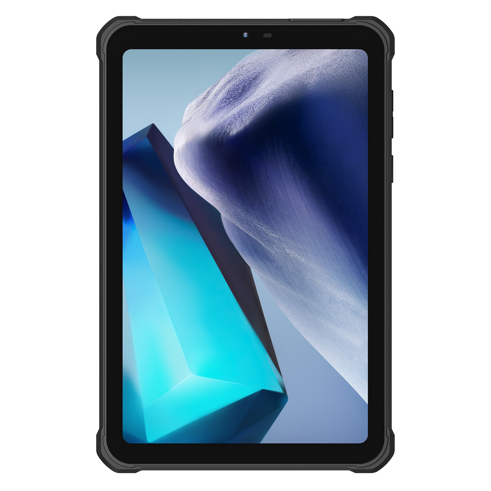 Un tablet nero robusto mostra uno sfondo astratto blu sullo schermo.