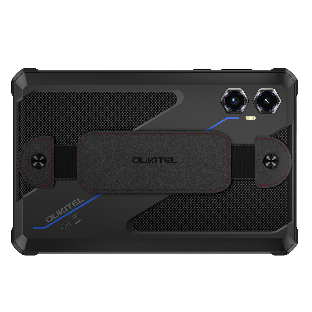 Retro di un tablet nero Oukitel con trama resistente, doppia fotocamera e cinturino in pelle.
