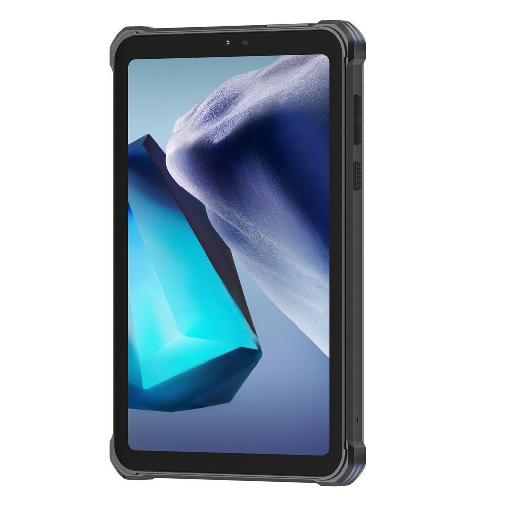 Un tablet nero robusto con uno sfondo astratto blu sullo schermo, posizionato su sfondo bianco.