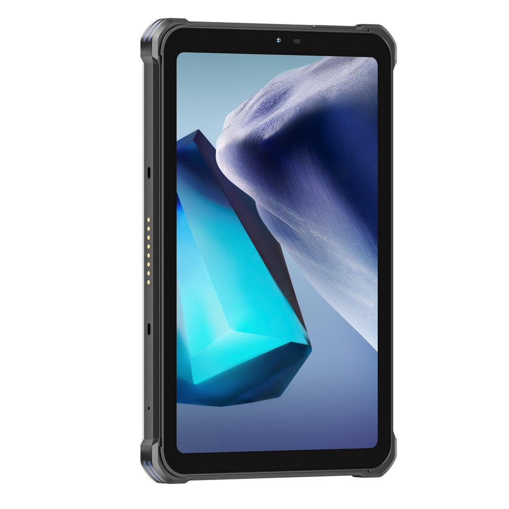Un tablet robusto con cornice nera mostra uno sfondo blu.