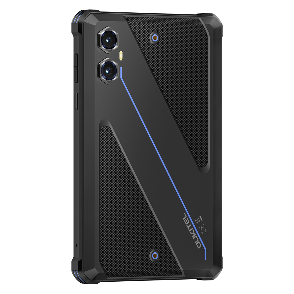 Retro di uno smartphone Oukitel nero con custodia robusta, due fotocamere e dettagli blu.