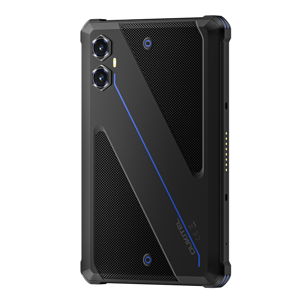 Uno smartphone nero robusto con doppia fotocamera, pannelli testurizzati e una striscia blu.