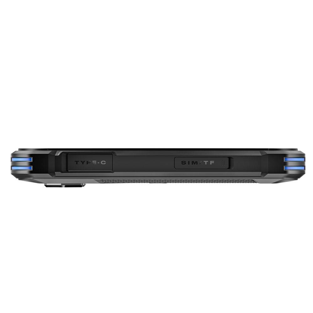 Vista laterale di uno smartphone nero robusto con dettagli luminosi blu, porta Type-C e slot per SIM.