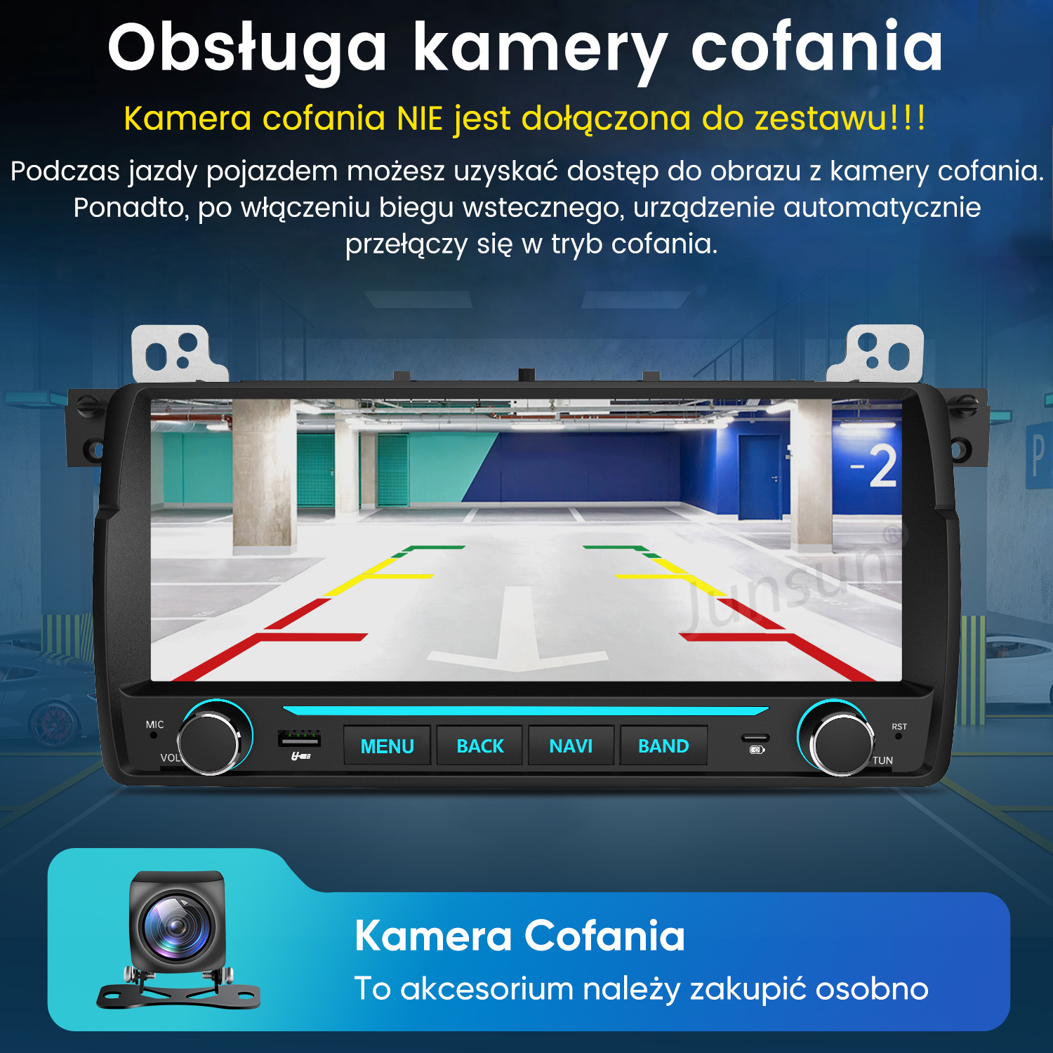 Radio samochodowe wyświetla widok kamery cofania z liniami pomocniczymi.