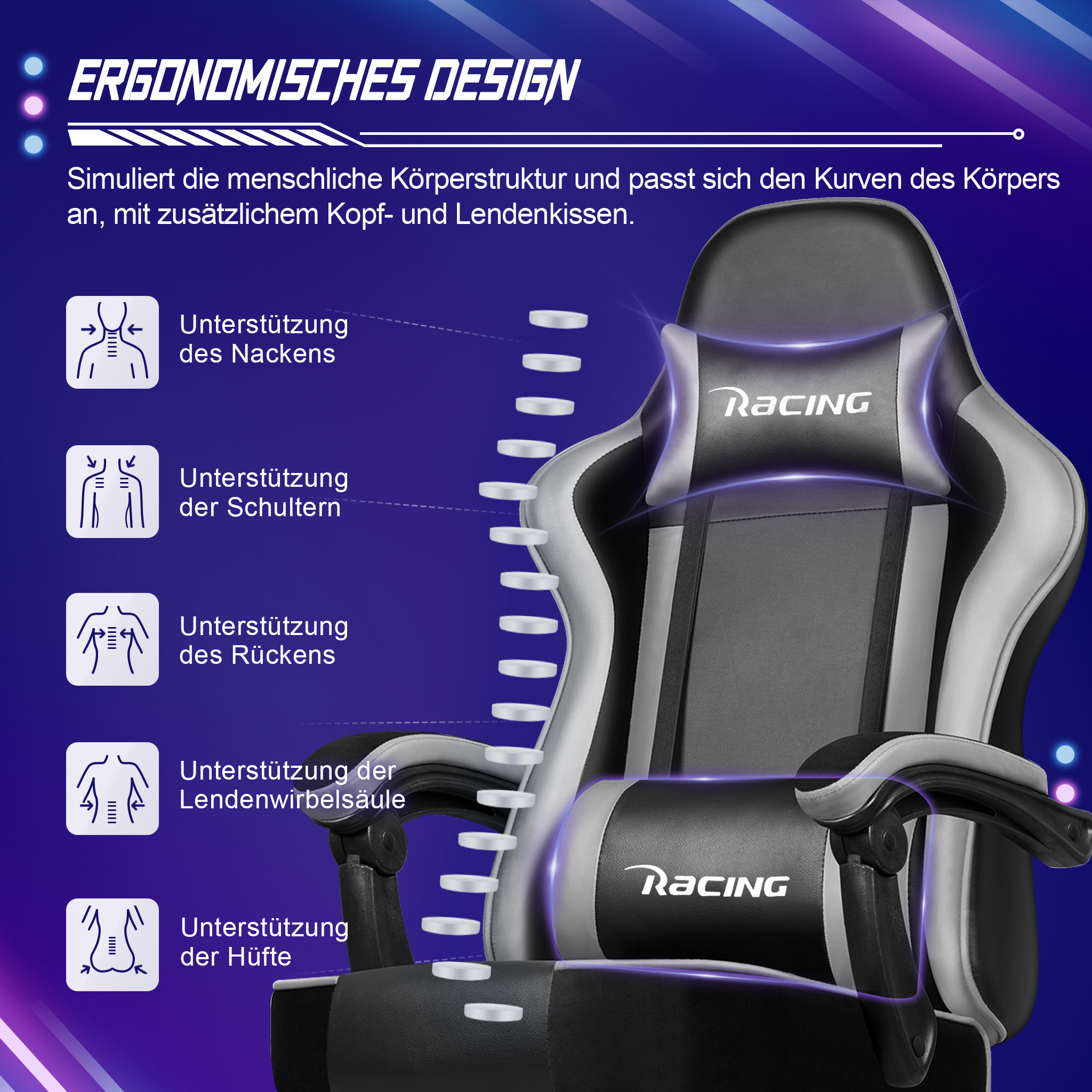 Ergonomischer Gaming-Stuhl mit Kopf- und Lendenkissen auf blauem Hintergrund mit erklärenden Symbolen.