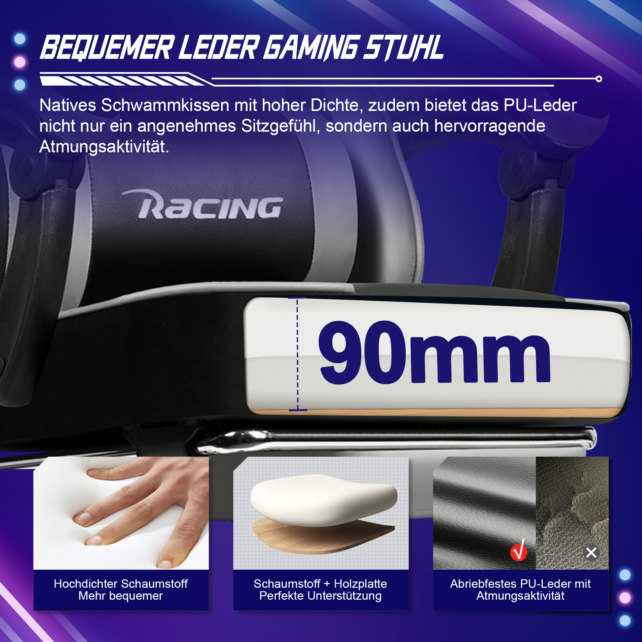 Gaming-Stuhl mit 90mm Schaumstoffkissen, hoher Dichte und atmungsaktivem PU-Leder für Komfort.