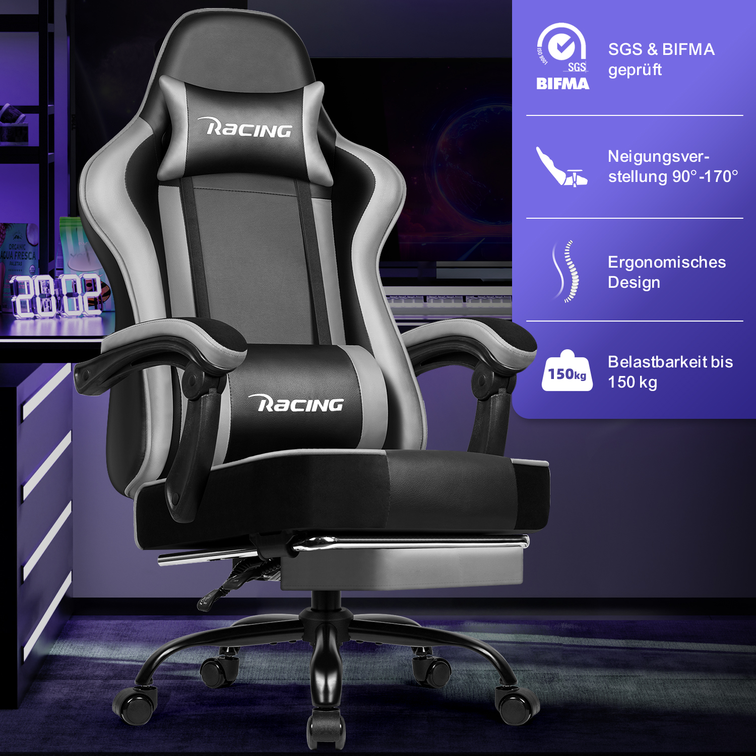Ein schwarz-grauer Gaming-Stuhl mit Kopf- und Lendenkissen steht vor einem violetten Hintergrund mit Infografiken.