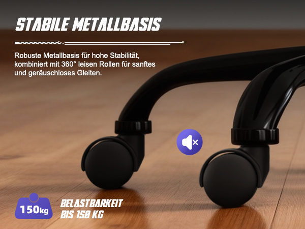 Stabile Metallbasis mit schwarzen Rollen auf einem Holzfussboden.