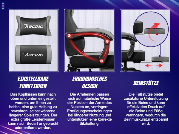 Produktmerkmale eines Gaming-Stuhls: Kopfkissen, verstellbare Armlehnen und Beinstütze mit deutscher Beschreibung.