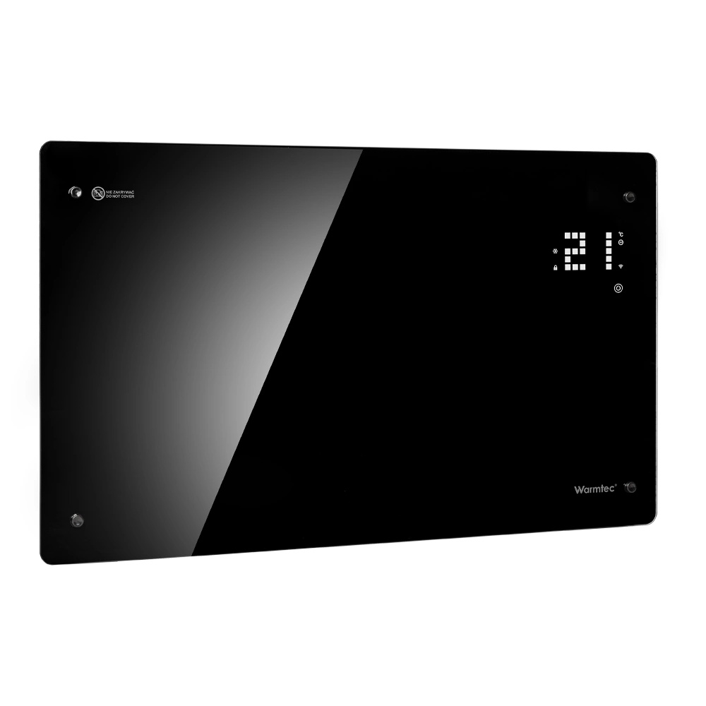 Czarny szklany panel grzewczy z cyfrowym wyświetlaczem LED i logo Warmtec na białym tle.