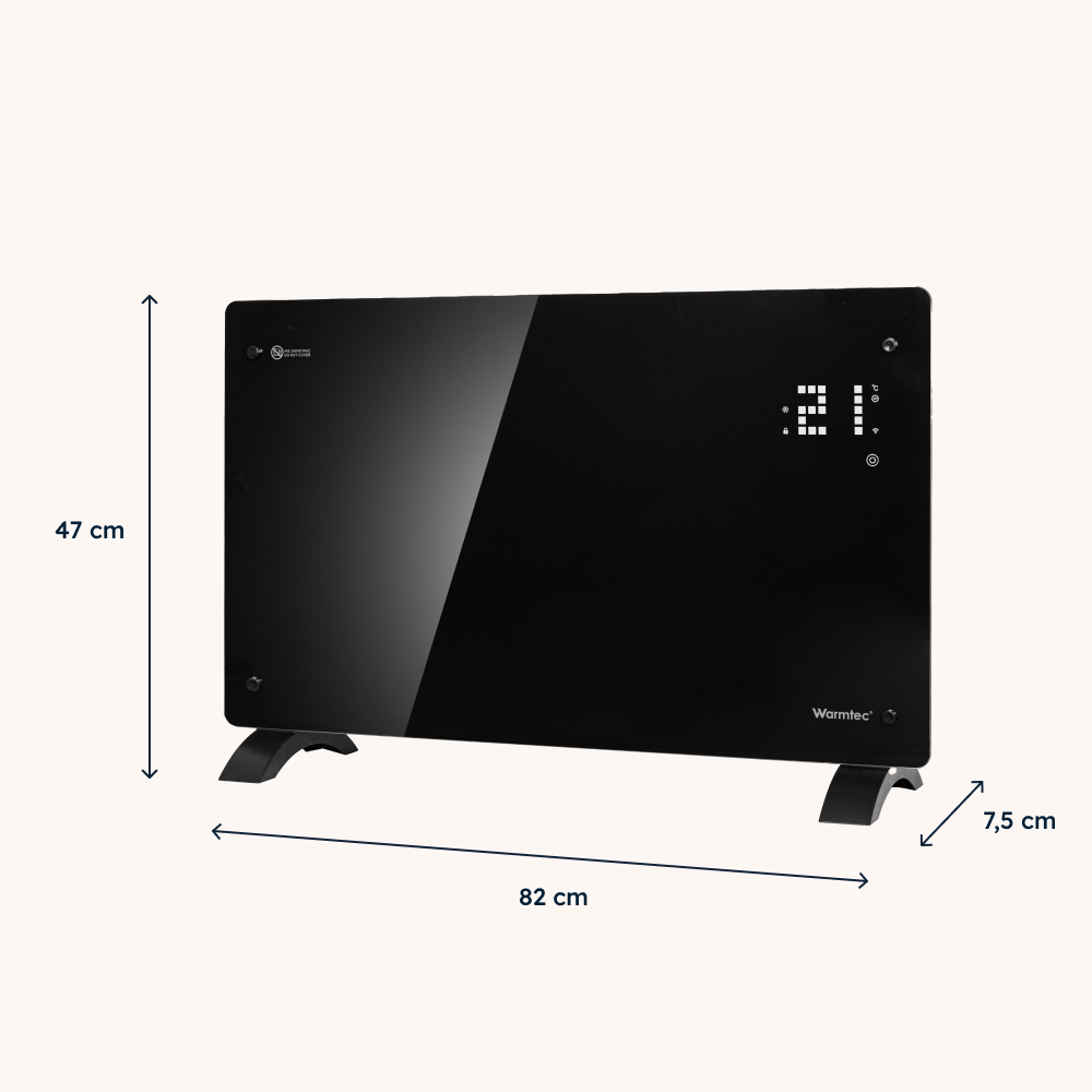 Czarny szklany grzejnik panelowy o szerokości 82 cm, wysokości 47 cm i głębokości 7,5 cm, z wyświetlaczem cyfrowym.