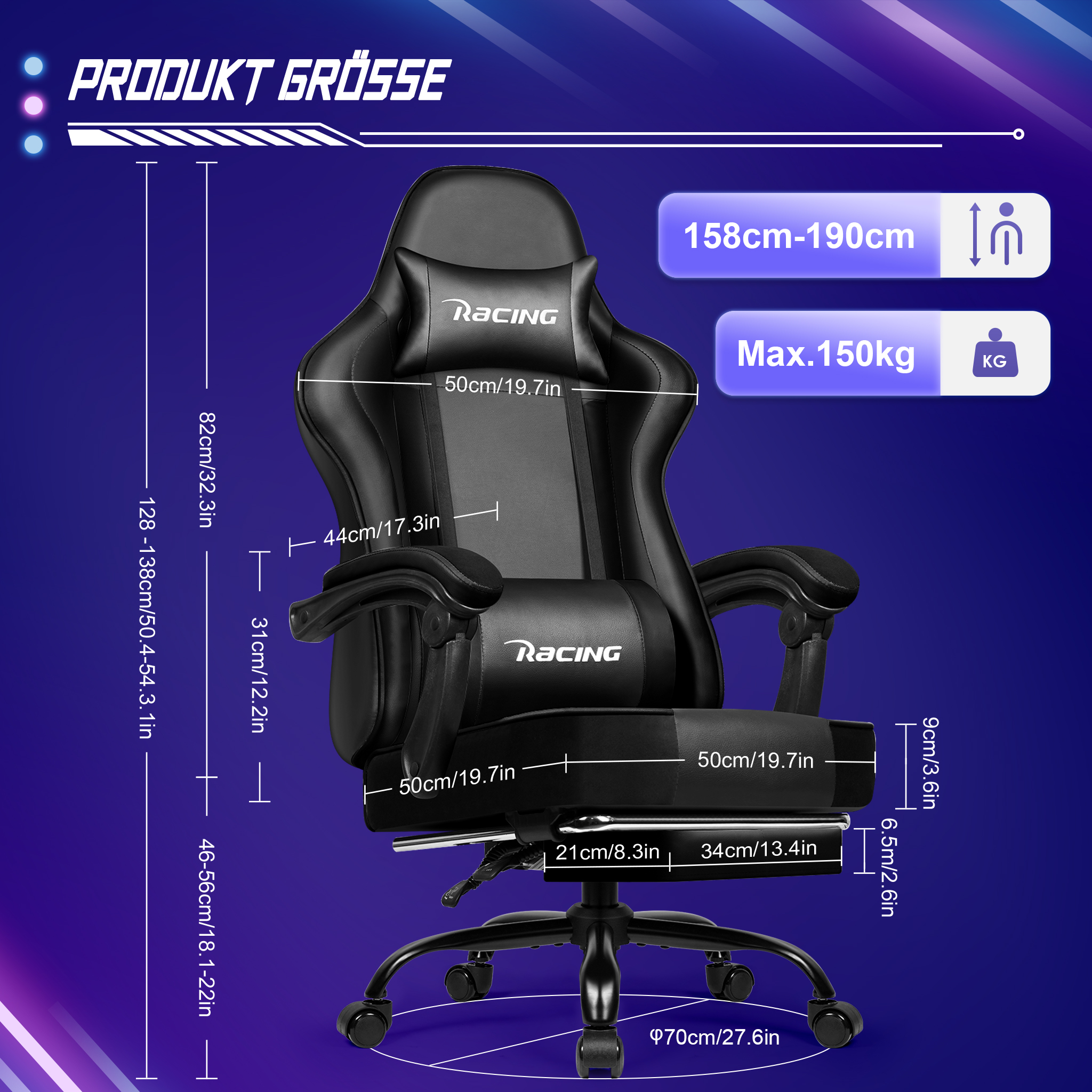 Schwarzer Gaming-Stuhl vor blauem Hintergrund mit Größenangaben und Produktdetails.