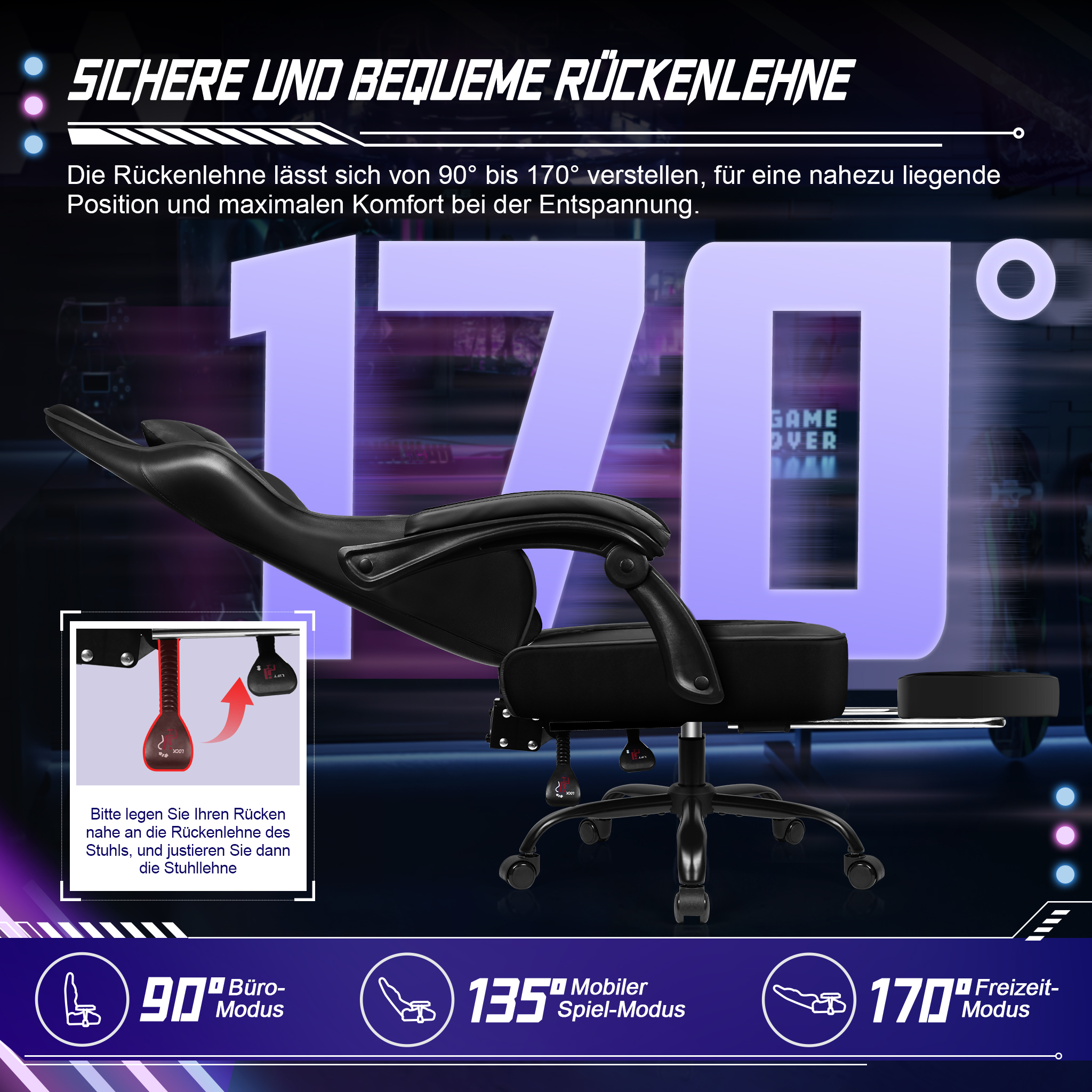 Ein schwarzer Gaming-Stuhl in Liegeposition bis 170 Grad mit deutschem Text und Hebel-Einsatz.