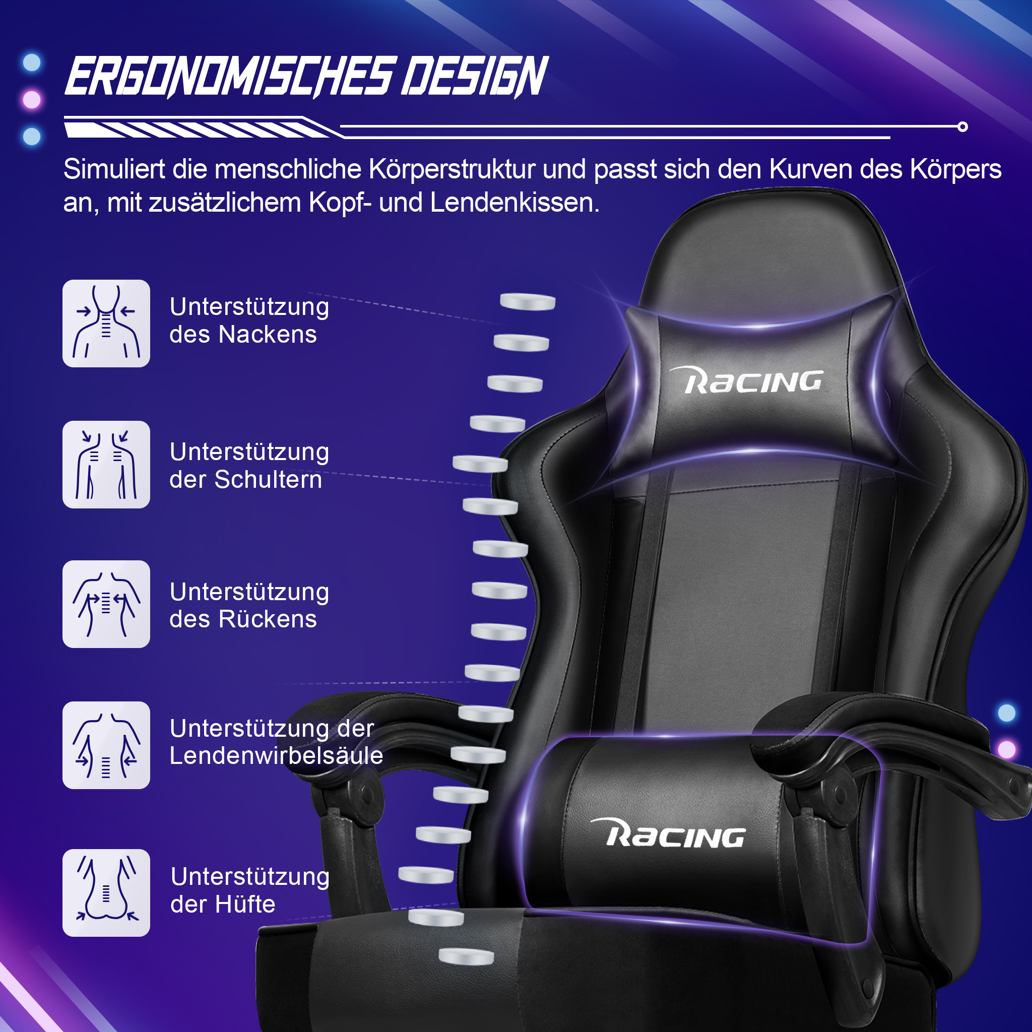 Ergonomischer schwarzer Gaming-Stuhl mit Nacken- und Lendenkissen auf blauem Hintergrund mit Text.